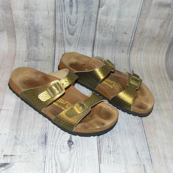 PAPILLIO By Birkenstock Double Strap Gold Sequin Sandals Womens Size 9 - Picture 1 of 9